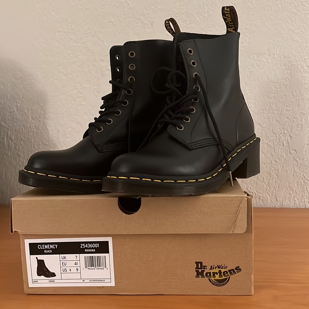 New in Box Dr. Marten Black Leather Clemency Lace Up Boots with Heel